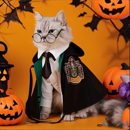 ANIAC 3PCS Halloween Dog Costume Cat Wizard Cape Glasses and Necktie Set Halloween Puppy Outfit Pet Academy Magician Cosplay Apparel for Kitten Cat Small Dogs (Black+Green, Medium) - Image 4