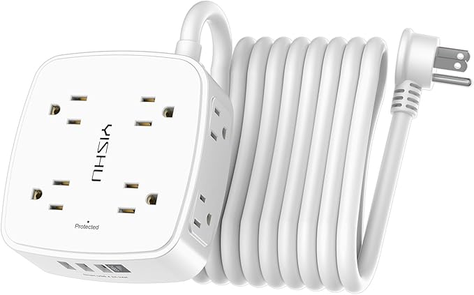15 Ft Surge Protector Power Strip - 8 Widely Outlets with 4 USB Ports, 3 Side Outlet Extender with 15 Feet Extension Cord, Flat Plug, Wall Mount, Desk USB Charging Station, ETL, White by YISHU