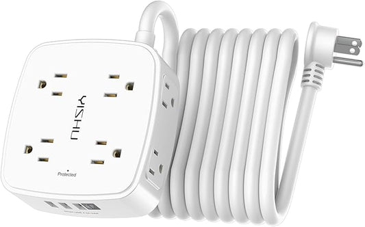 15 Ft Surge Protector Power Strip - 8 Widely Outlets with 4 USB Ports, 3 Side Outlet Extender with 15 Feet Extension Cord, Flat Plug, Wall Mount, Desk USB Charging Station, ETL, White by YISHU