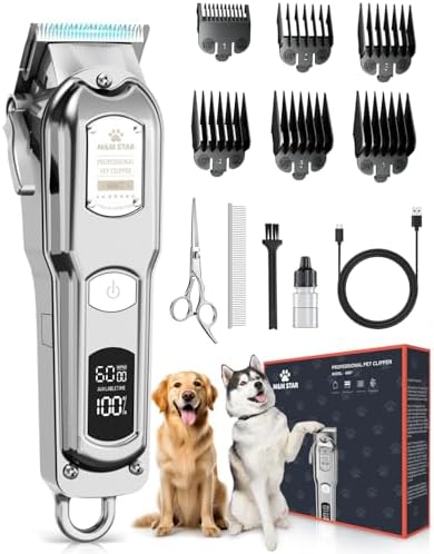 M&M STAR Dog Clippers for Grooming Thick Heavy Coats, All-Metal Body Low Noise Cordless Rechargeable Dog Hair Trimmer, Stainless Steel Blade, Professional Pet Grooming Kit for Dogs & Cats (Silver) by Unknown