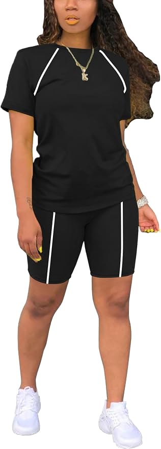 STOLKISS Women 2 piece Short Sets Classic Striped Outfits Summer Casual Short Sleeve T-Shirt and Short Jogger Tracksuits Sets by STOLKISSWOMENSCLOTHES