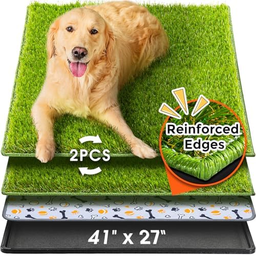 Hompet Dog Grass Pad with Tray Large, 41"x27", 2 Reusable Artificial Turf for Dogs Potty, Waterproof Non-Slip Washable Pee Pads, Quickly Absorbency Portable Dog Litter Box for Indoor/Outdoor Use by Hompet