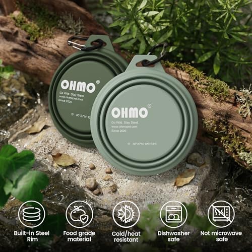 OHMO Small Collapsible Dog Bowls, Steel Rim, 12oz, 2pcs, Camo&Sage Green - Image 5