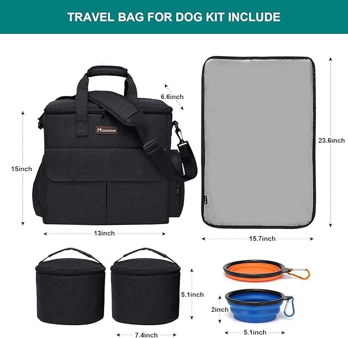 Modoker Weekend Dog Travel Bag Set with 2 Food Bags, 2 Bowls and Mat, Black - Image 5