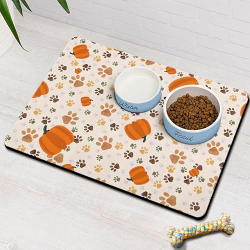 Fall Pumpkin Dog Food & Water Mat, Paw Prints Autumn Pet Feeding Mat for Floor Non-Slip Waterproof, Super Absorbent Cat Bowl Mat, Easy to Clean Eco-Friendly Durable Pet Placemat,24" × 32" by Stunnoosy