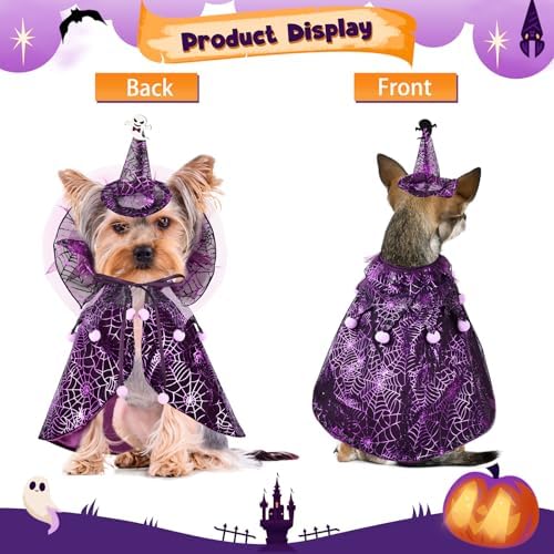 Dog Cat Halloween Costume Cobweb Tulle Cape & Wizard Hat Purple, SM - Image 5