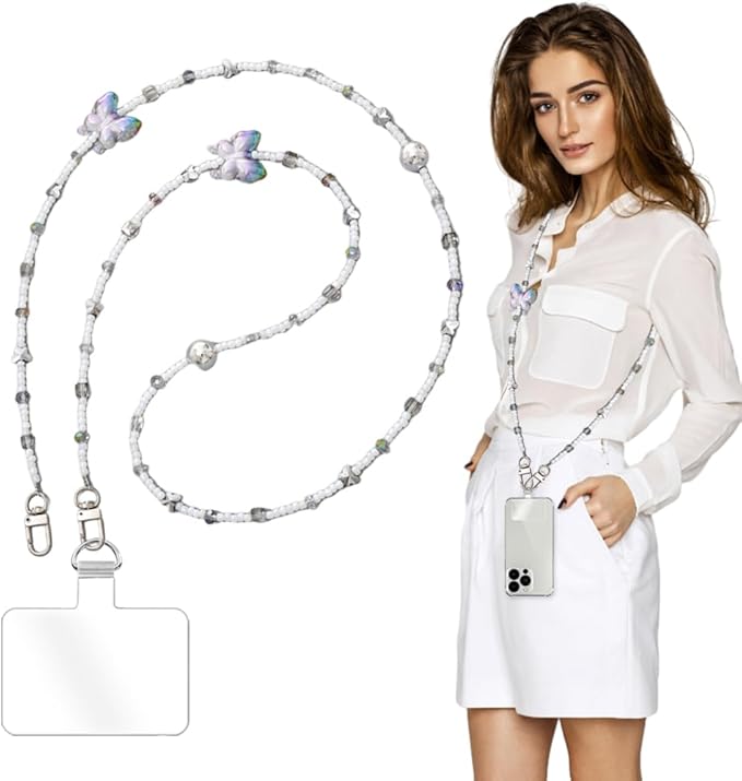 Phone Chain Crossbody Pearl Strap,Pearl Beaded Chain Shoulder Crossbody Lanyard with Phone Tether Patches Compatible with Most Phones Bag Purse(I) by Turkalla