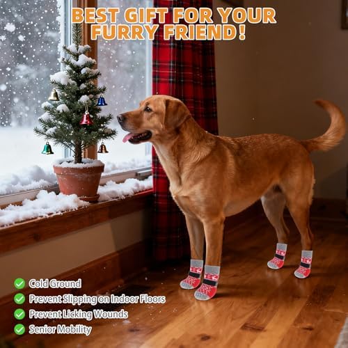 KOOLTAIL Dog Socks to Prevent Licking Paws, Dog Christmas Outfit Shoes for Winter Snow Pavement, Warm Fleece Pet Boots & Paw Protector for Hardwood Floors Anti Slip, Small Medium Large Size, Red M - Image 7