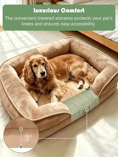 Spotted Play Orthopedic Dog Bed with Sides - Sofa Beds for Large Dogs, Supportive Foam Pet Couch Bed with Washable Removable Cover, Waterproof Lining and Non-Slip Bottom, Brown - L - Image 3