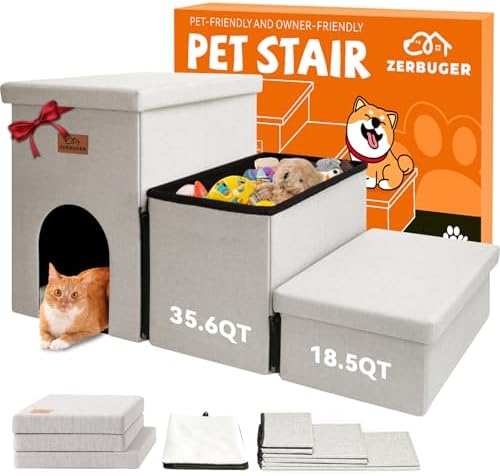 Zerbuger Dog Stairs with Storage, Beige 3 Steps Dog Ramp with Condo for Bed by Zerbuger