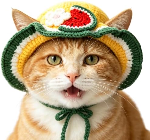 Watermelon Cat Hat, Cotton & Soft Cute Knitted Hats for Cats Birthday Party Spring Christmas Puppy Hat for Small Pets (Green,M) by floofelove
