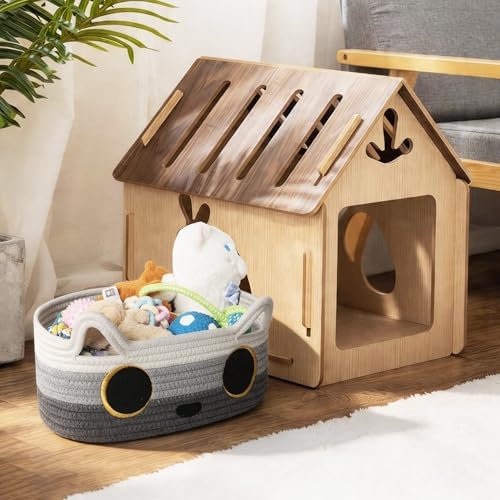 Cat Toy Basket, Small Woven Cat Toy Storage Box with Cute Ear Handle Indoor, Cotton Rope Storage Bin with Embroidered Face for Home Decor, Pet Bed, Nursery Kids Room Organization, 3-tone Gray - Image 5