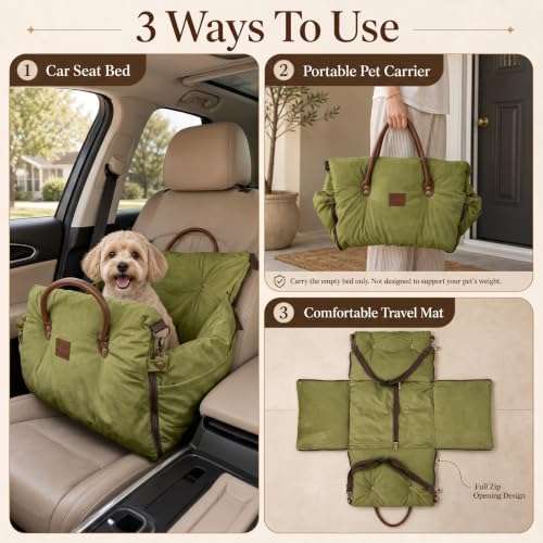Pet Car Seat with Safety Tether, Carry Handles and Non-Slip Base,DarkGreen - Image 5