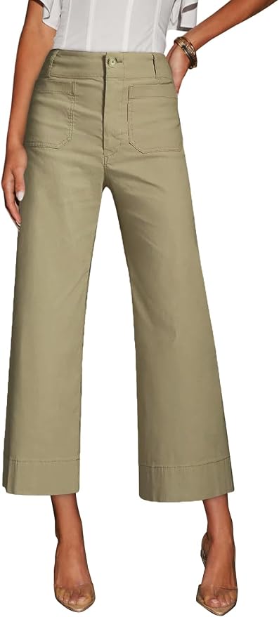 miduo Womens High Waisted Cropped Wide Leg Stretchy Straight Pants Trousers with Pockets by miduo