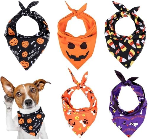 Whaline 5 Pack Halloween Dog Bandanas, Triangle Pet Scarfs Washable Pet Neckerchief Dog Bibs, Pumpkin, Ghost, Candy Corn and Bones Pet Bandanas Medium by Whaline