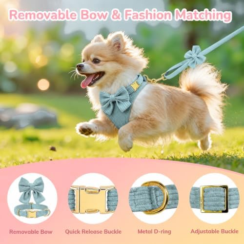 Small Dog Collar Harness and Leash Set with Bowtie, Adjustable Dog Harness Collar and Leash Set with Secure Metal Buckle, Breathable Cotton Adjustable Pet Puppy Harness, Easy Walk Harness, S(14–18.9") - Image 4