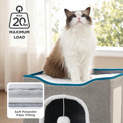Bedsure Cat Beds for Indoor Cats - Large Cat Cave for Pet Cat House with Fluffy Ball Hanging and Scratch Pad, Foldable Cat Hideaway,16.5x16.5x13 inches, Pink - Image 3