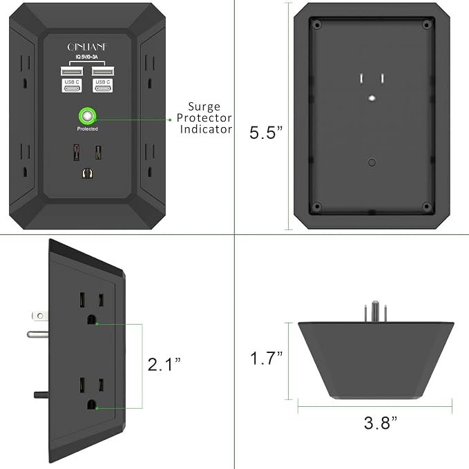 USB Wall Charger, Surge Protector, QINLIANF 5 Outlet Extender with 4 USB Charging Ports(2U2C) 3-Sided 1680J Power Strip Multi Plug Outlets Wall Adapter Spaced for Home Travel Office,Black - Image 7