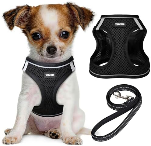 YIMEIS Dog Harness and Leash Set, No Pull Soft Mesh Pet Harness, Reflective Adjustable Puppy Vest for Small Medium Large Dogs, Cats (Black, XX-Small (Pack of 1) by YIMEIS