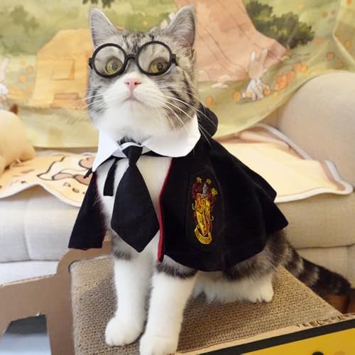 ANIAC 3PCS Halloween Dog Costume Cat Wizard Cape Glasses and Necktie Set Halloween Puppy Outfit Pet Academy Magician Cosplay Apparel for Kitten Cat Small Dogs (Black+Red, Small) - Image 4