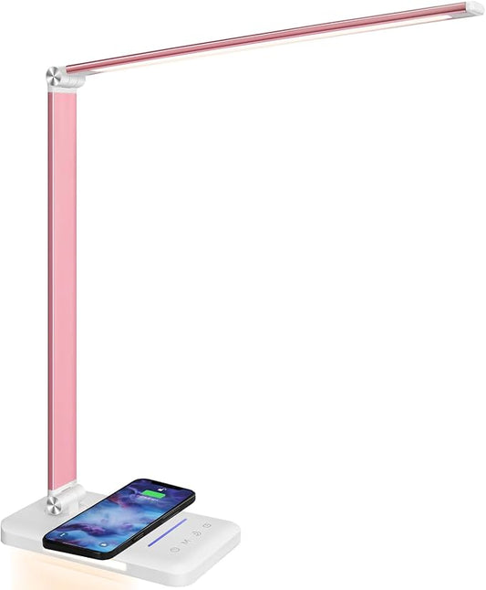 LED Desk Lamp with Night Light, Fast Wireless Charger, USB Charging Port, 10 Brightness, 5 Color Modes, Dimmable Bedside Table Lamp for Bedroom, Touch Control, Auto Timer, 1200Lux Super Bright by JOSTIC