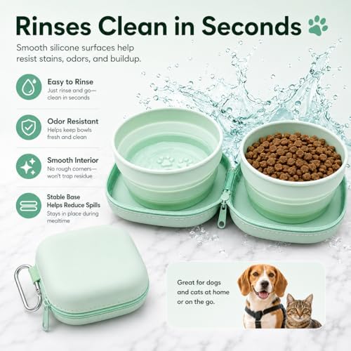 ZBBOPQ Portable Dog Bowl, Collapsible 2-in-1 Travel Dog Bowls with Carabiner Clip, Silicone Double Pet Food and Water Dish for Outdoor Camping and Hiking (Green) - Image 4