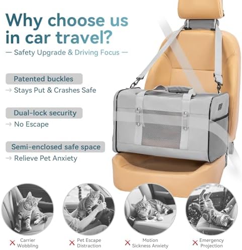 Petsfit Travel Pet Carrier for Large Cats (up to 20 lbs), Soft-Sided Dog Car Travel Carrier with Patented Buckle and Soft Padding, Ideal for Car Road Trips,19X12X12 Inch,Grey - Image 2