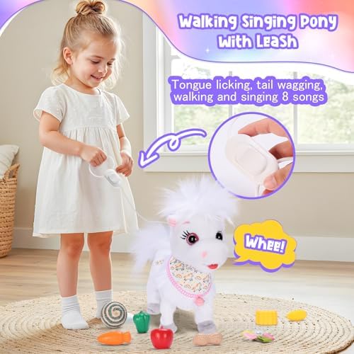 Ylpaprm White Walking Pony with Leash Toy Horses Electric Ponie that Walks,Plush Horse Toy for Kid Talking Musical Singing Pony Nod Lick Wag Repeat What You Say, Farm Animal Birthday Gift Boy - Image 4