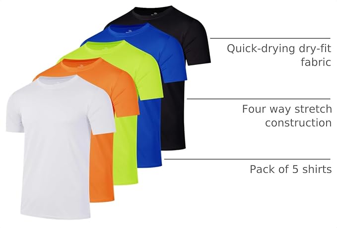 5 Pack Men's Dry Fit Short Sleeve T-Shirt Gym Workout Athletic Running Tee | Cooling, Moisture-Wicking, Crew Neck, Quick-Dry, Breathable, Active, Exercise, Fitness, Basketball, Cycling, Hiking, Tennis - Image 4