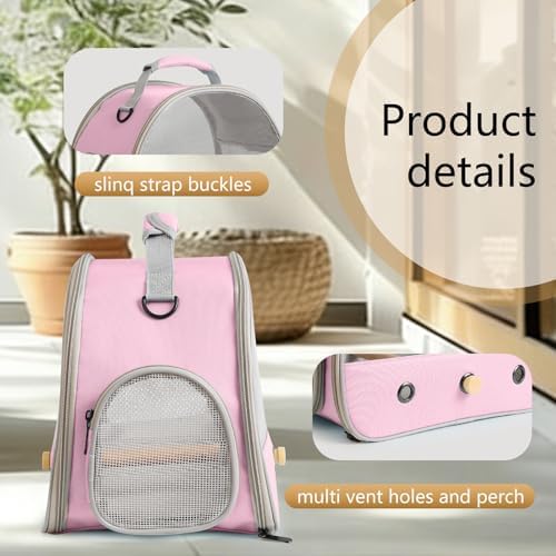 Bird Carrier, Portable Small Bird Parrot Parakeet Carrier with Standing Perch and Soft Mat, Side Access Window Collapsible (Pink, Mesh Windows) - Image 3