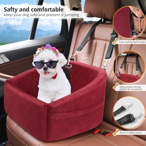NEEZUKAR Dog Car Seat for Small Medium Dogs,Detachable Washable Dog Booster Seat Under 30lbs, Pet Car Seats Travel Bed with Storage Pockets and Safety Belt(Red) - Image 4