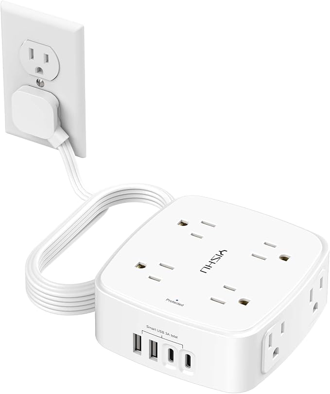 10 Ft Surge Protector Power Strip - YISHU 8 Widely Outlets with 4 USB Ports, 3 Side Outlet Extender with 10 Feet Flat Extension Cord, Ultra Flat Plug, Wall Mount, Desk USB Charging Station, ETL, White by YISHU