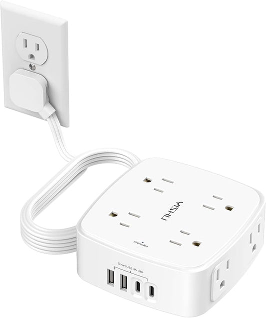 10 Ft Surge Protector Power Strip - YISHU 8 Widely Outlets with 4 USB Ports, 3 Side Outlet Extender with 10 Feet Flat Extension Cord, Ultra Flat Plug, Wall Mount, Desk USB Charging Station, ETL, White by YISHU