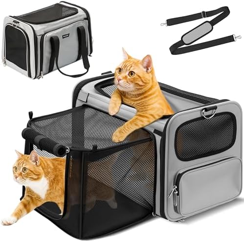 Expandable Cat Carrier, Airline Approved Soft Sided Pet Carrier for Cats & Small Dogs Up to 15 lbs, with Locking Safety Zippers & Cozy Fleece Pad, Portable for Car & Vet Visits, Black by Carrytip
