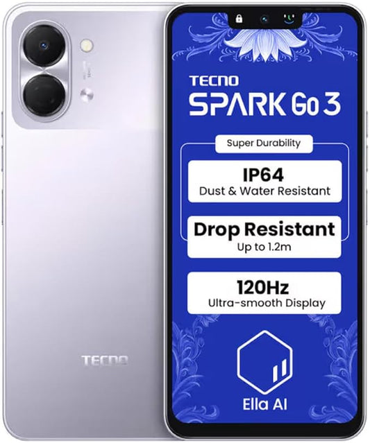 Tecno Spark 3 GO Ai 4G LTE (128GB + 4GB) (Compatible with Tmobile Mint Tello Boost Mobile and Worldwide) Dual SIM 6.74" 13MP Camera Model KN3 (Aurora Purple) by TECNO