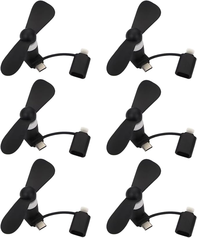Type USB C 2-in-1 Cell Phone Fan, for iPhone All Series 7 8 X 11 12 13 14 15 16 17 XS XR Plus Mini Pro Max SE, for Samsung Galaxy S, Z Fold Flip, A1/A2/A3/A5 Series, M1/M3/M5, Note Series (Black x6) by YUNLOVXEE