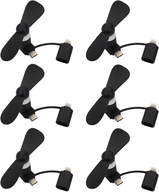 Type USB C 2-in-1 Cell Phone Fan, for iPhone All Series 7 8 X 11 12 13 14 15 16 17 XS XR Plus Mini Pro Max SE, for Samsung Galaxy S, Z Fold Flip, A1/A2/A3/A5 Series, M1/M3/M5, Note Series (Black x6) by YUNLOVXEE