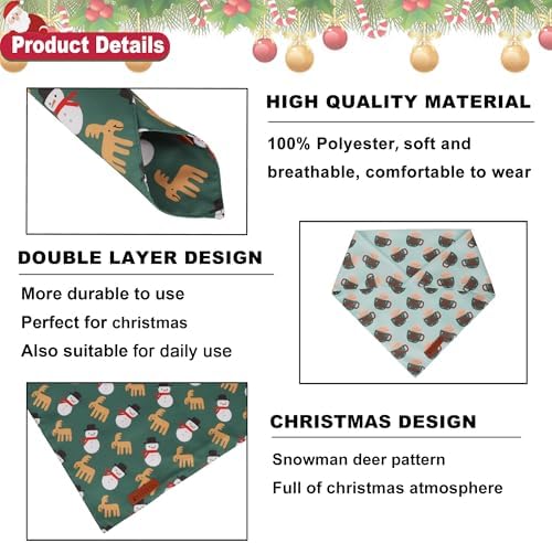 ADOGGYGO Green Christmas Dog Bandana, Snowman Reindeer Mug Pet Scarf, Adjustable Fit Merry Christmas Bandanas for Extra Large Dogs (X-Large) - Image 5