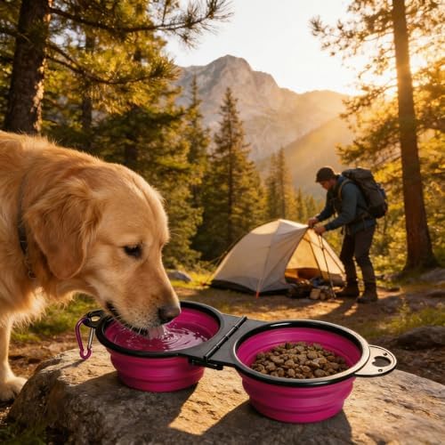 Double Collapsible Dog Bowls for Travel, Food and Water Set with Clip, Pink - Image 7