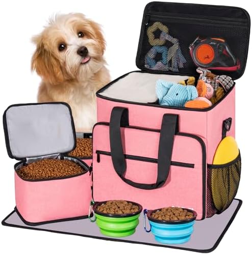 5 Set Dog Travel Bag for Supplies, Dog Lovers, Large Pet Travel Kit Includes 2 Food Containers, 2 Collapsible Bowls, Pink by LASUK