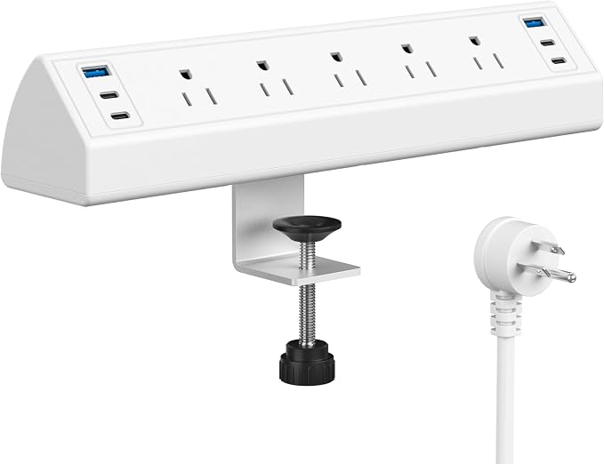 Jgstkcity Desk Clamp Power Strip USB C,Table Surge Protector | 1200J,Total 40W Charging Hub,5 Outlets & 6 USB,6FT Extension Cord,Fits 1.96" Desktop Edge,Office,Gaming,Dorm,White by Jgstkcity