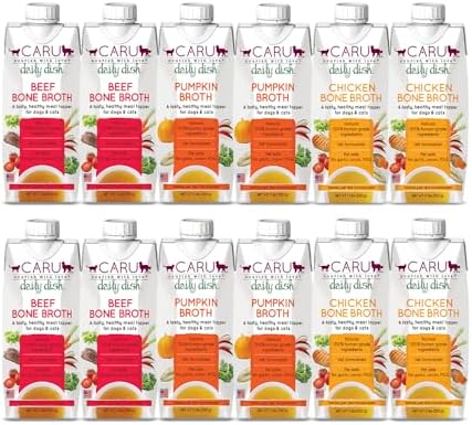 Caru - Daily Dish Pumpkin, Beef & Chicken Bone Broth - Meal Topper for Dogs & Cats - Supports Overall Pet Health - Pour-Over Broth for Wet/Dry Food - Human Grade Ingredients - 12 Pack Variety by CARU