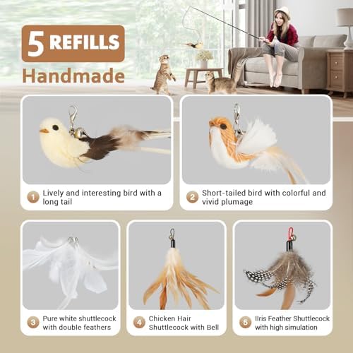 ROSAUI Cat Teaser Wand Toys, Interactive Bird Toys for Indoor Kittens, 42.15’’ Long Cat Fishing Pole Toys, 2Pcs Wires and 5Pcs Natural Refills, Sustainable Wooden Handles, Exercising, Playing - Image 5