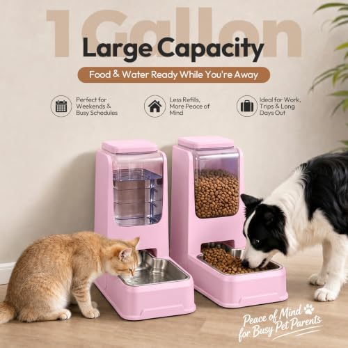 Automatic Cat Feeder and Water Dispenser Set with Stainless Steel Bowls, Gravity Dog Food and Waterer Large Capacity Pet Feeder for Small Medium Kitty Puppy, Light Purple - Image 2