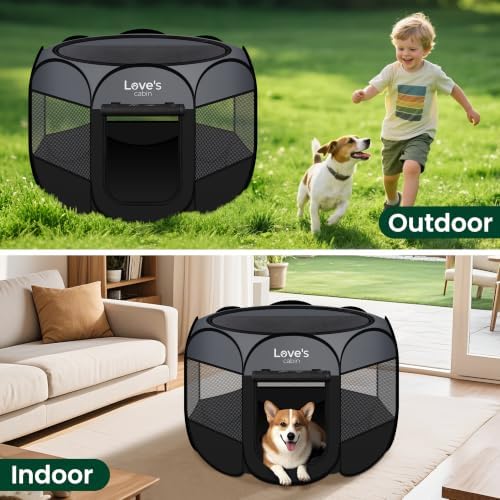 Love's cabin Pet Puppy Dog Playpen, Large Dog Tent Crates Cage Indoor/Outdoor, Portable Playpen for Cat, Foldable Pop Up Dog Kennel Playpen with Carring Case, Removable Zipper Top, Dark Grey - Image 6