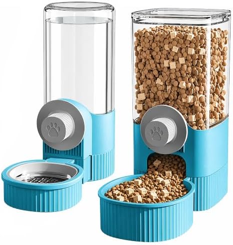Automatic Rabbit Feeder and Water Dispenser Set,40oz Gravity Food Feeder&17oz Leak-Proof Water Bottle for Guinea Pigs,Hamsters,Chinchillas,Ferrets, Small Animals,Cage Mount Feeding Station Blue by GKYZBB