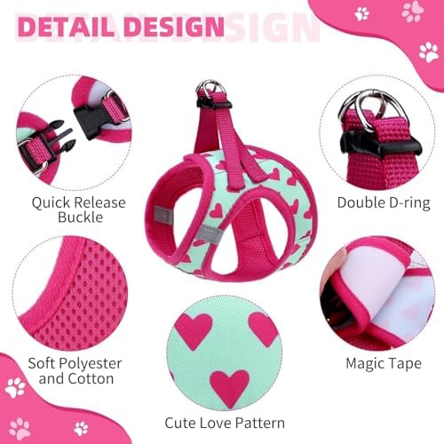 KOOLTAIL Valentines Dog Harness and Leash Set for Small Medium Dogs, Step in No Pull Soft Mesh Dog Harness Padded Pet Vest, Adjustable Reflective Easy Walking Puppy Harnesses Training, Pink Heart S - Image 2