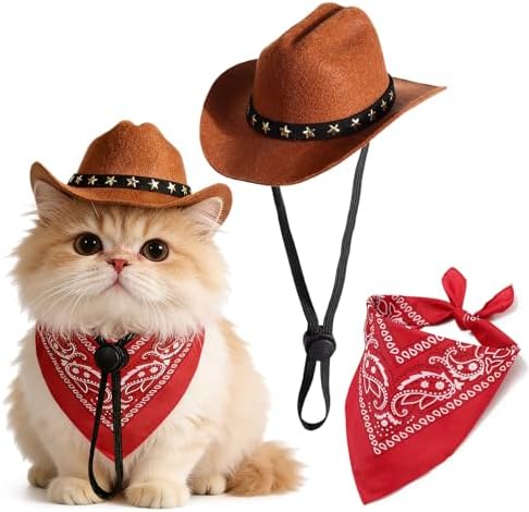 Pet Cowboy Costume, Dog Cowboy Hat with Bandana Scarf, Adjustable Cat Cowboy Hat for Party Cosplay Christmas, Halloween Cowboy Costumes for Small Pet Dogs Cats (Brown, Small) by Unknown