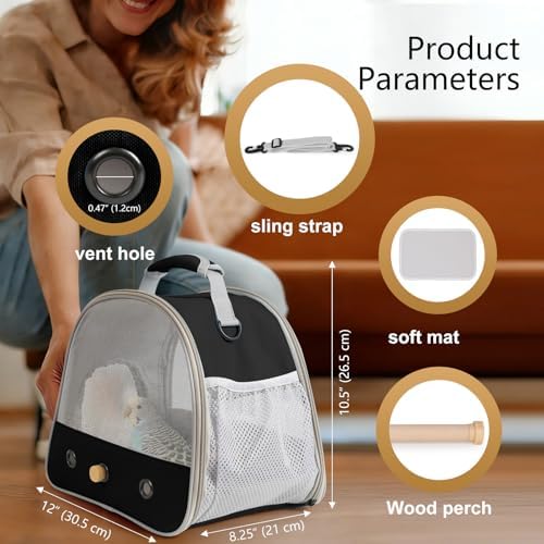 Bird Carrier, Portable Small Bird Parrot Parakeet Carrier with Standing Perch and Soft Mat, Side Access Window Collapsible (Black, Mesh Windows) - Image 2