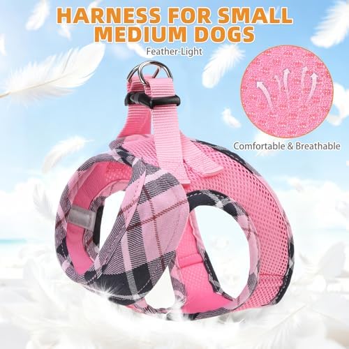 KOOLTAIL Small Dog Harness and Leash Set, Cute Pink Girl Puppy Harness, Step in No Pull Soft Mesh Pet Vest Harness Collar for Small Size Dogs Cats, Plaid Dog Halters for Outdoor Walking, Pink XS - Image 3